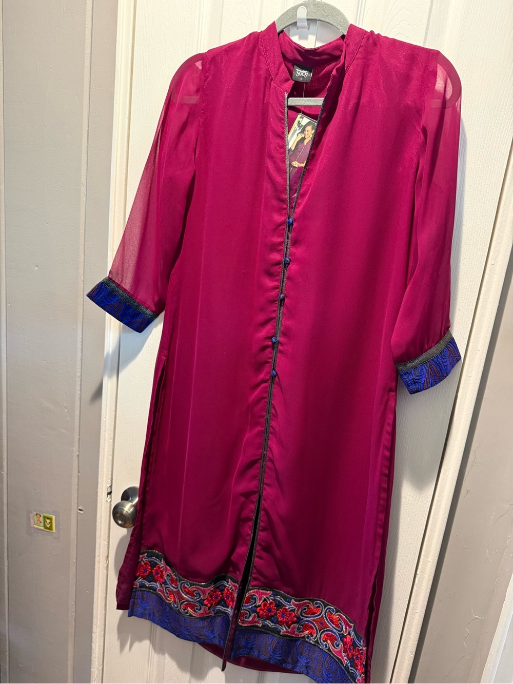 Magenta Long Sleeve Embroidered Trim Dress w/ sheer 3/4 sleeves